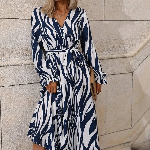 White Boho Womens Zebra Striped Surplice Neck Belted Dress - Picture 5 of 5